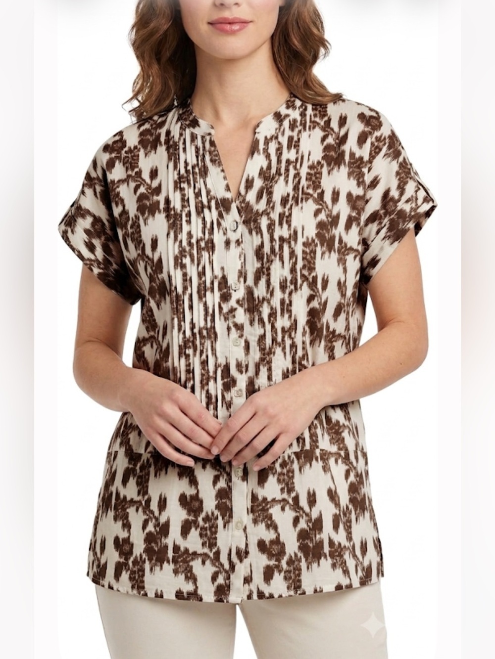 IZOD brown and creamy V-neck pleated front square buttons tunic size M